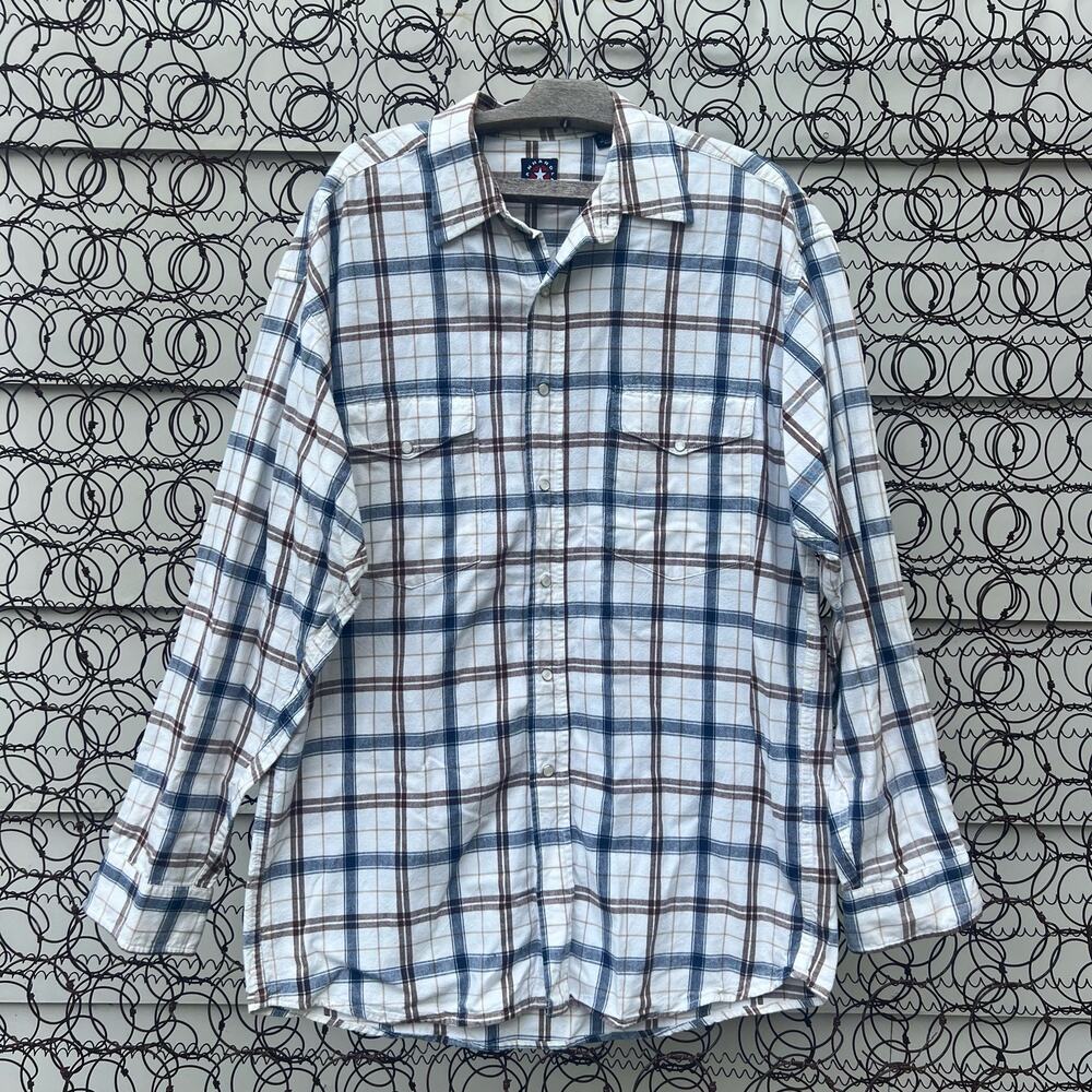 Vintage 90s Panhandle Slim Red Blue White Plaid Check Long Sleeve Western Shirt